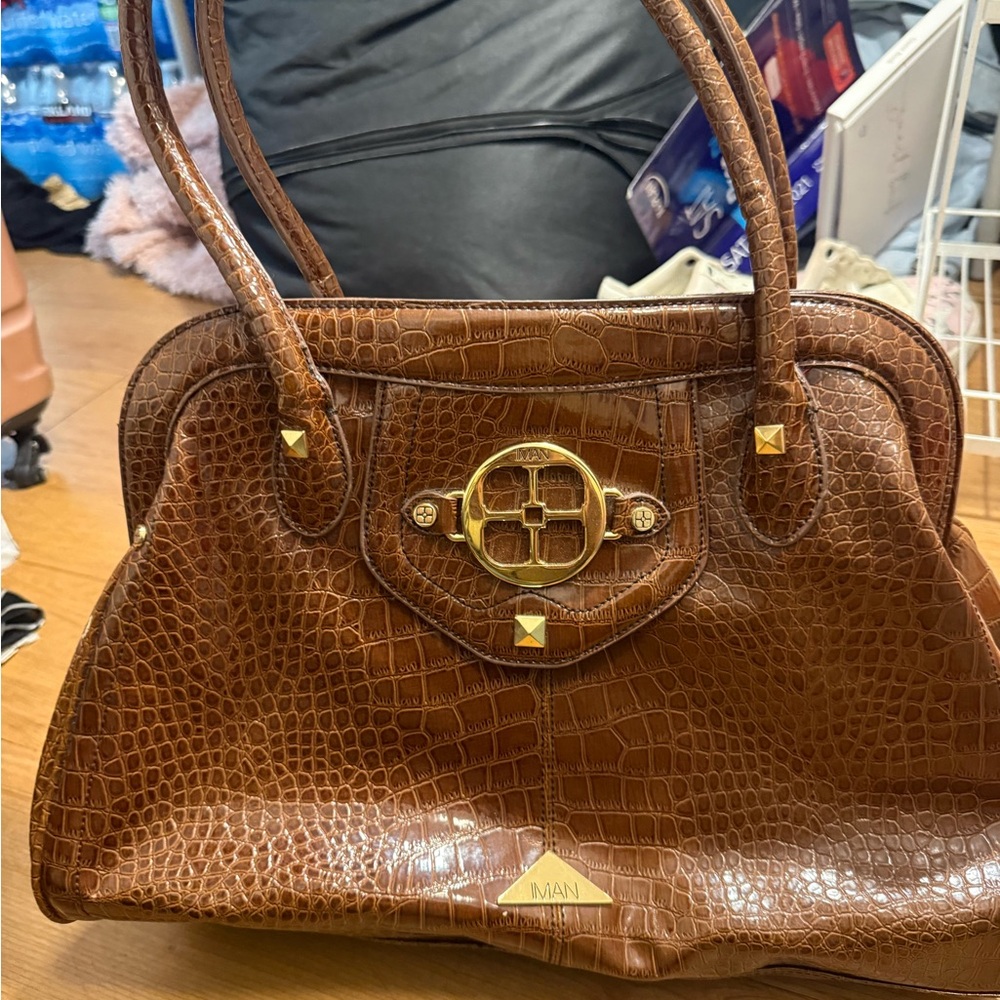 IMAN Tan Crocodile-Embossed Satchel